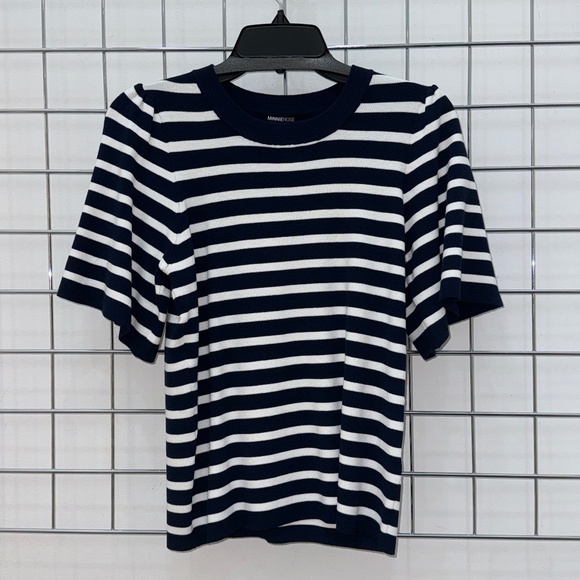 Minnie Rose Viscose Blend Striped Flutter Sleeve Top - Picture 1 of 2